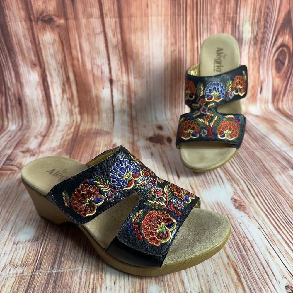 Alegria LINN Size 41 US 10.5-11 Black Leather Floral Wedge Heel Sandals Shoes